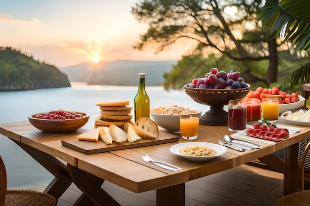 desayuno en una mesa con una botella de vino y uvas