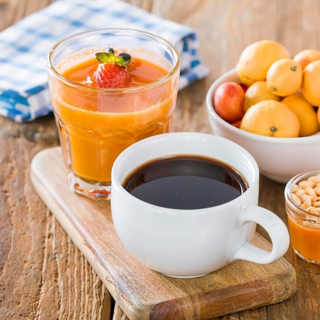 Desayuno de mesa Desayuno continental Cereales de frutas y jugo de naranja