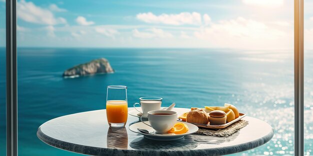 Foto desayuno en una mesa con vistas al océano