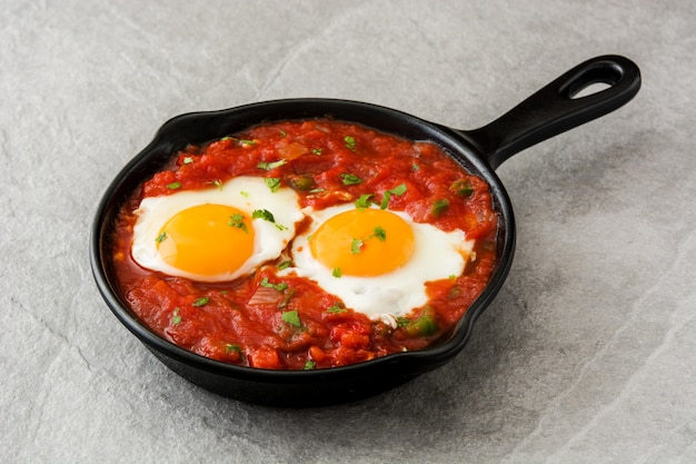 Desayuno mexicano Huevos rancheros en sartén de hierro sobre piedra gris