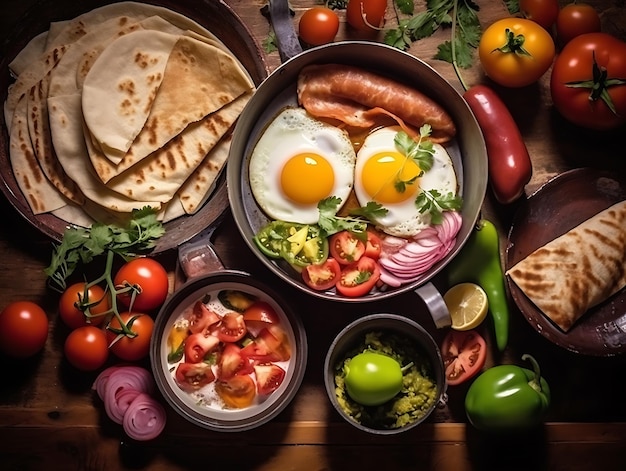 Desayuno mexicano sobre fondo de madera