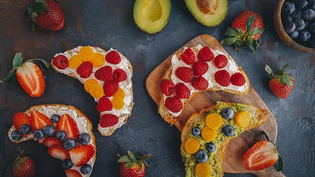 Desayuno, Mini panqueques con bayas, croissants y aguacate, Deliciosa comida de verano, Vista superior en una espalda oscura