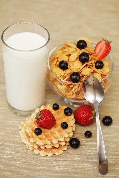 Desayuno con muesli y leche.