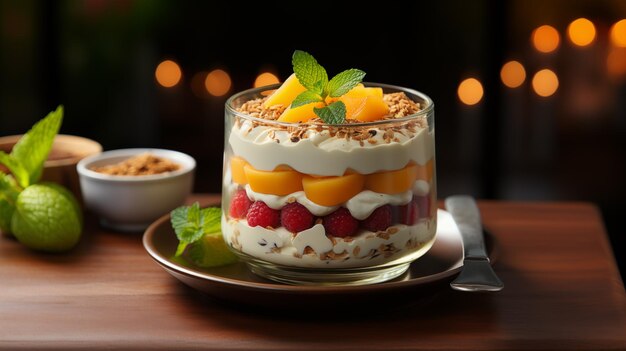 Foto desayuno natural frutado saludable postre en capas en un vaso en un café interior generativo ai