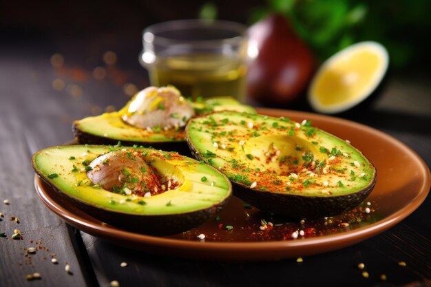 Foto desayuno nutritivo de aguacate con aguacate cortado y condimentos idea de comida entera