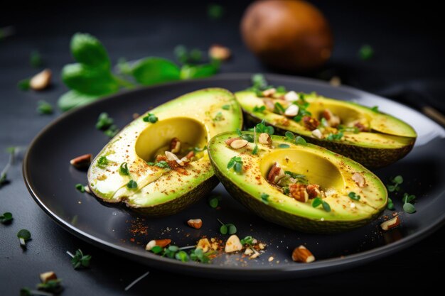 Foto desayuno nutritivo de aguacate con aguacate cortado y condimentos idea de comida entera