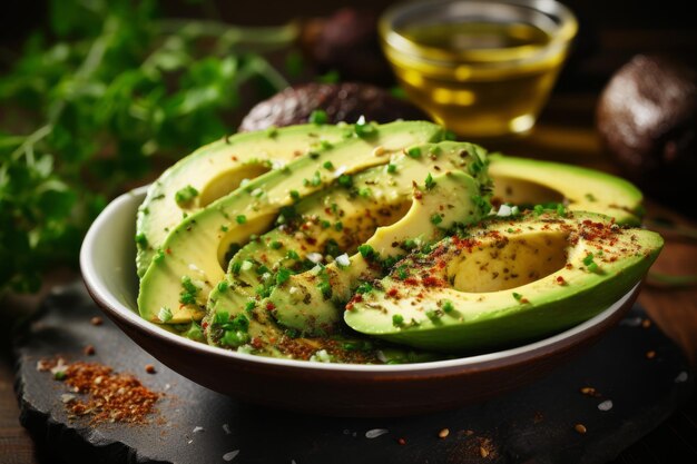 Desayuno nutritivo de aguacate con aguacate en rodajas y condimentos Idea de comida entera