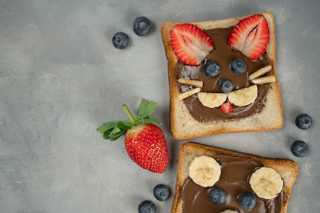 Desayuno o almuerzo para niños o tostadas de merienda con crema de chocolate con avellanas, plátano y arándanos en forma de lindo gato.