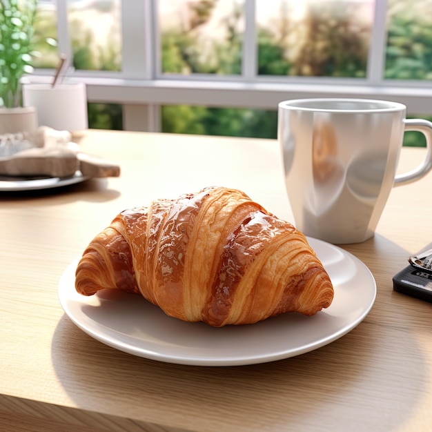 Desayuno en la oficina croissant y una taza de espresso