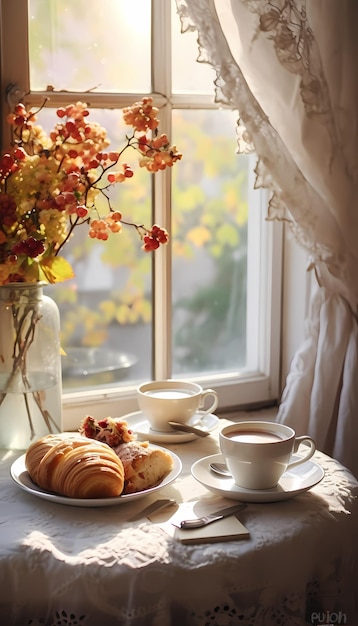 desayuno de otoño por la mañana colores blancos y claros