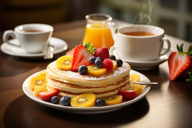 Desayuno de panqueques con café y frutas frescas