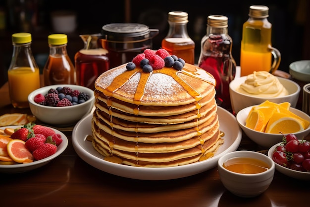 Desayuno de panqueques para untar con varios almíbares