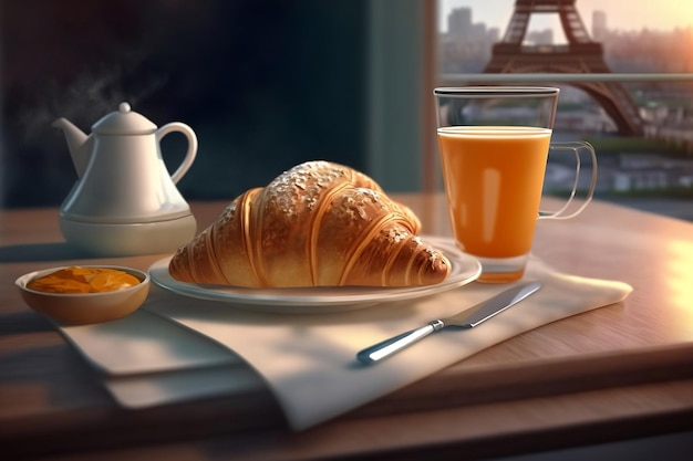 Desayuno en París con café croissant y jugo de naranja en el balcón con vista a la Torre Eiffel