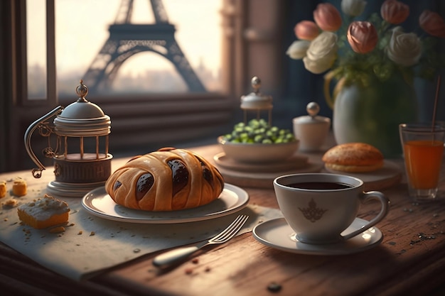 Desayuno en París Mesa con pastel y café cerca de la ventana con vista a la Torre Eiffel creada