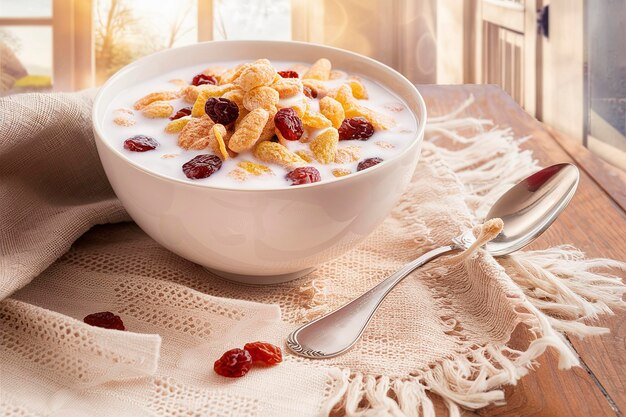 Desayuno con un plato de cereales con pasas