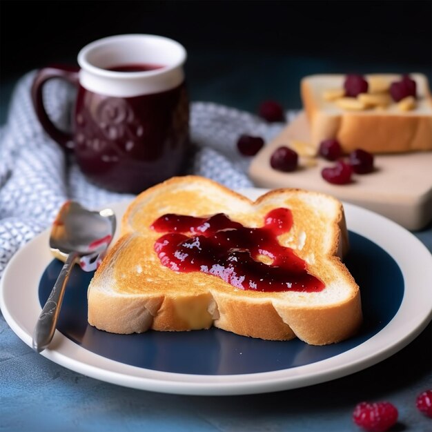 Desayuno en un plato tostado con mantequilla de maní