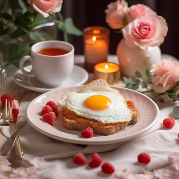 Desayuno romántico para el día de San Valentín Huevos gofres bayas café y bebidas