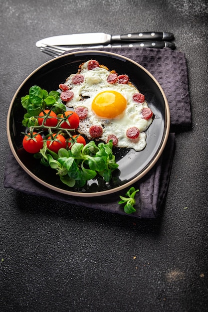 desayuno salchicha de huevo frito, refrigerio de comida fresca vegetal en la mesa espacio de copia fondo de comida