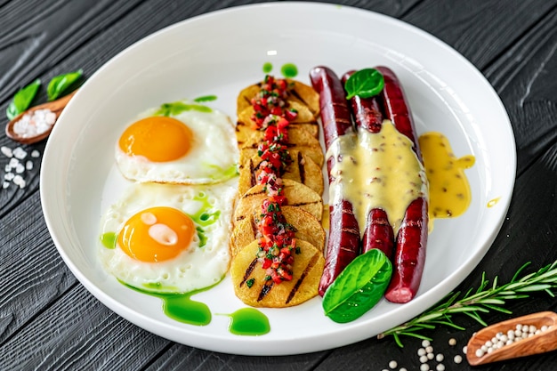 Desayuno con salchichas huevos y patatas con salsa vegetal y salsa Golán