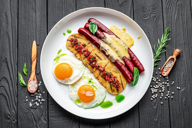 Desayuno con salchichas huevos y patatas con salsa vegetal y salsa Golán