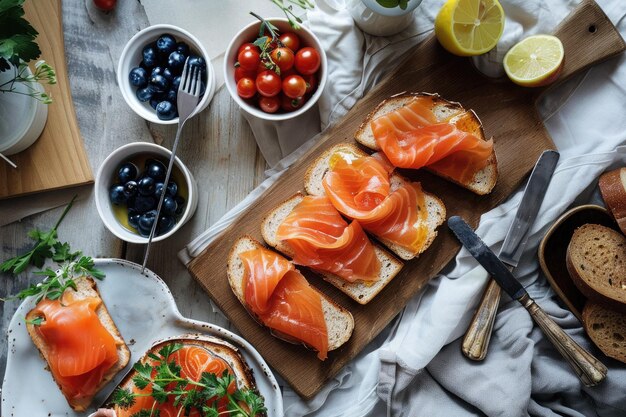 desayuno salmón ahumado en tostadas tomates y arándanos vista superior