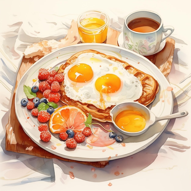 Foto desayuno saludable acuarela ilustración de huevos fritos panqueques y bayas frescas jugo de taza de té