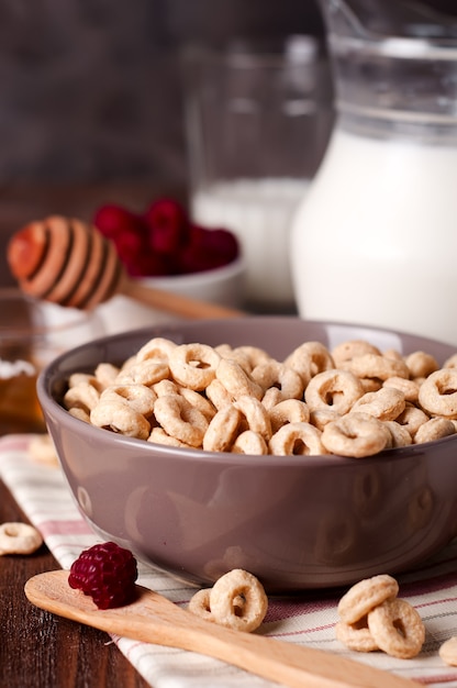 Desayuno saludable - anillos de cereal en un bol con leche