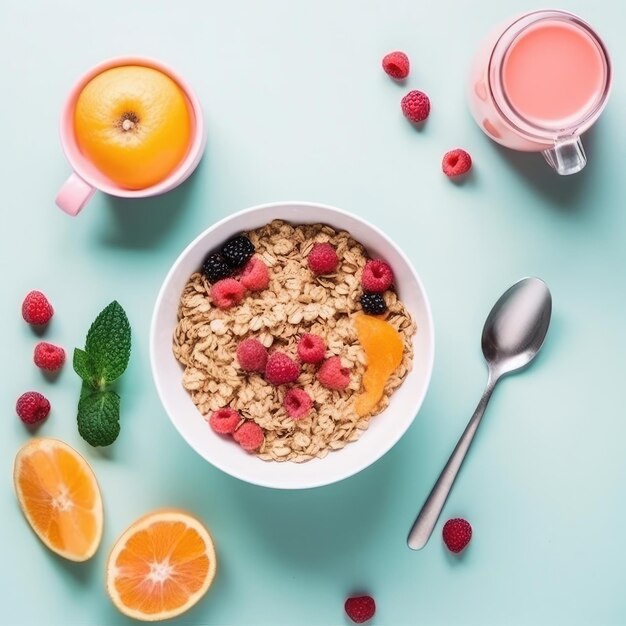 Desayuno saludable Avena con bayas, frutas y leche sobre un fondo azul.