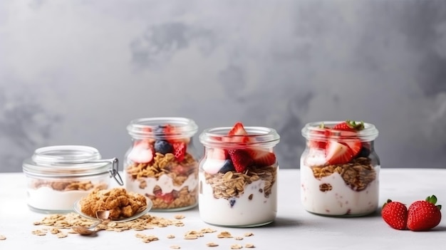 Desayuno saludable Avena Granola con yogur Ilustración AI GenerativexA