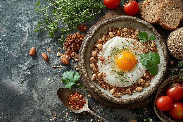 Desayuno saludable con avena de trigo sarraceno, huevos fritos, nueces y hierbas sobre un fondo oscuro