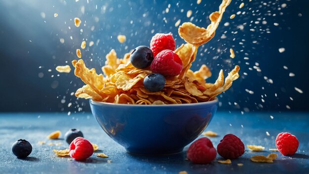 Desayuno saludable con copos de maíz voladores fresas y arándanos tonificantes enfoque selectivo