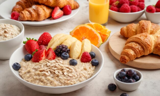 Desayuno saludable foto vibrante de una mesa llena de avena de frutas frescas y croissants saludables