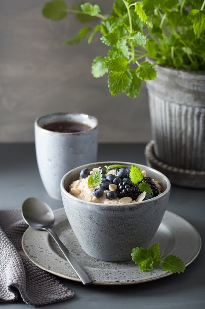 Desayuno saludable gachas de avena cortadas en acero con moras y arándanos