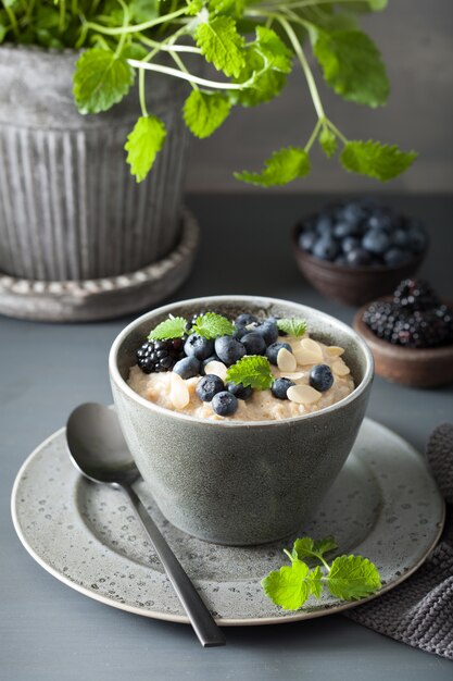 Desayuno saludable gachas de avena cortadas en acero con moras y arándanos