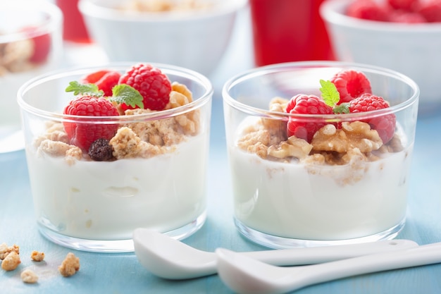 Desayuno saludable con granola de yogur y frambuesa