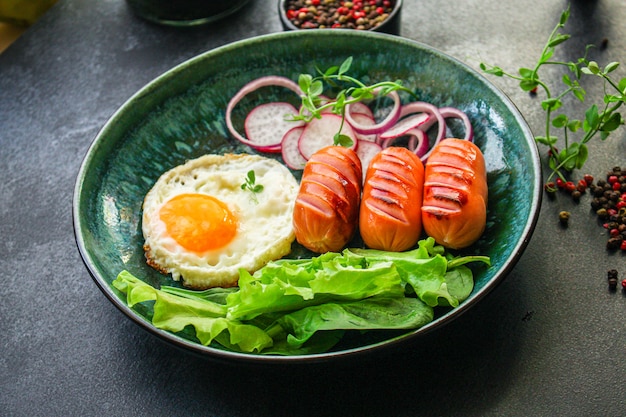 desayuno saludable, huevos fritos, salchichas y vegetales