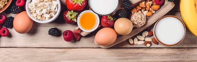 Desayuno saludable ingredientes granola huevo nueces frutas bayas IA generativa
