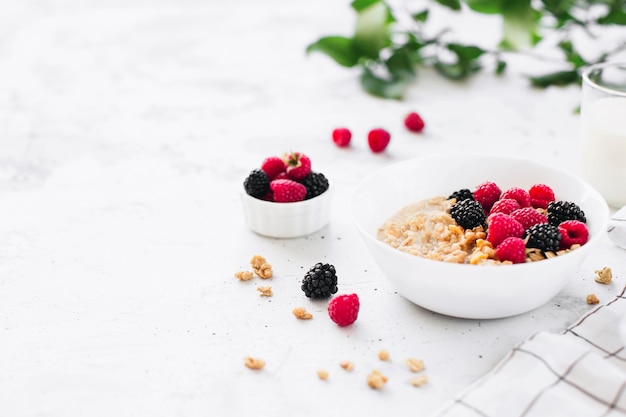 Desayuno saludable por la mañana, tazón blanco lleno de granola, muesli, frambuesa, mora en la mesa de hormigón gris. Alimentación saludable, eco, concepto de bio alimentos. Comida sabrosa fresca sobre fondo gris. Foto de calidad