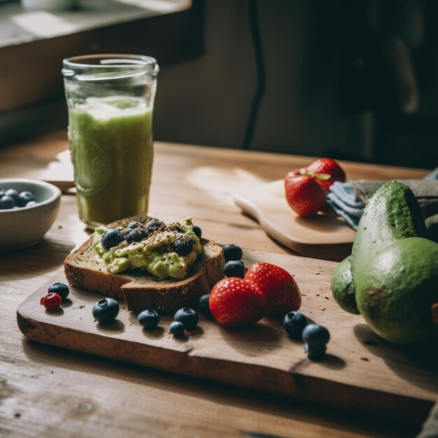 Desayuno saludable una mesa de madera cubierta con un sándwich de frutas bayas y un batido verde Imagen generativa de IA