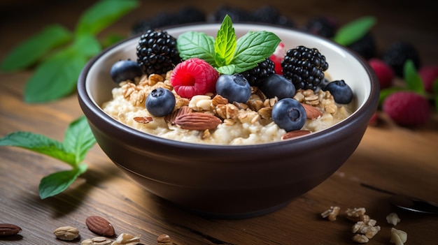 Foto desayuno saludable con muesli y bayas muesli de granola fresco con yogur y bayas primer plano