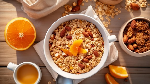 desayuno saludable con muesli y taza de café de frutas