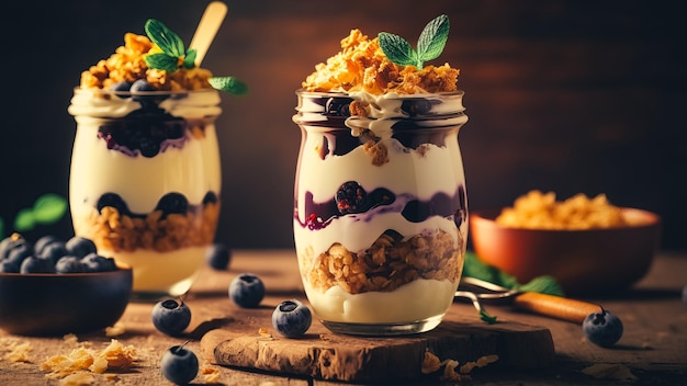 desayuno saludable de parfaits de arándanos hechos con fruta fresca