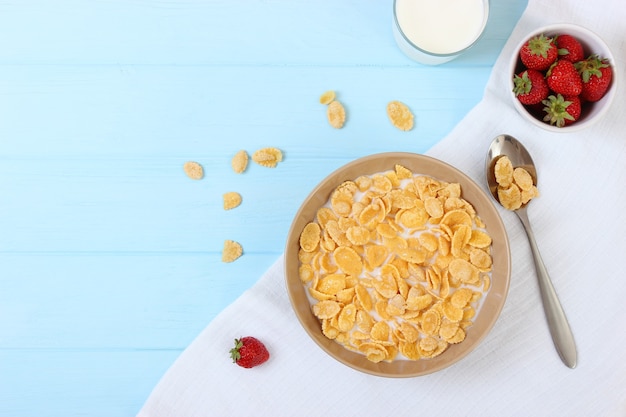 Desayuno seco en un plato sobre un cereal de vista superior de fondo de color