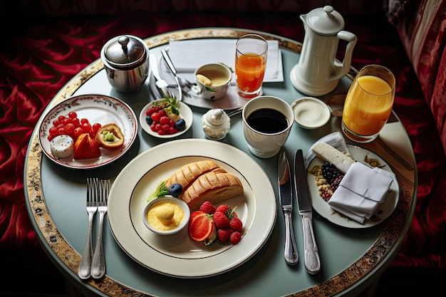 Foto desayuno con servicio en la habitación del hotel