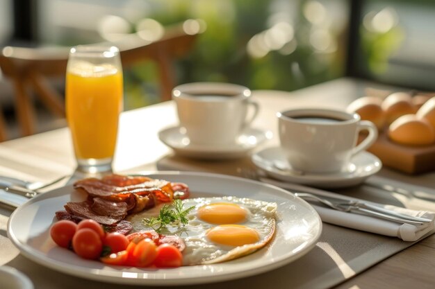Desayuno servido en una mesa con una taza de café y un vaso de jugo preparando el almuerzo