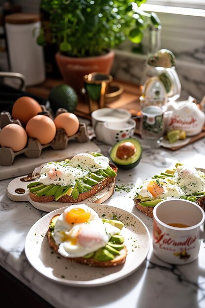 Desayuno soleado con huevo en tostadas de aguacate en el verde perfecto para la culinaria