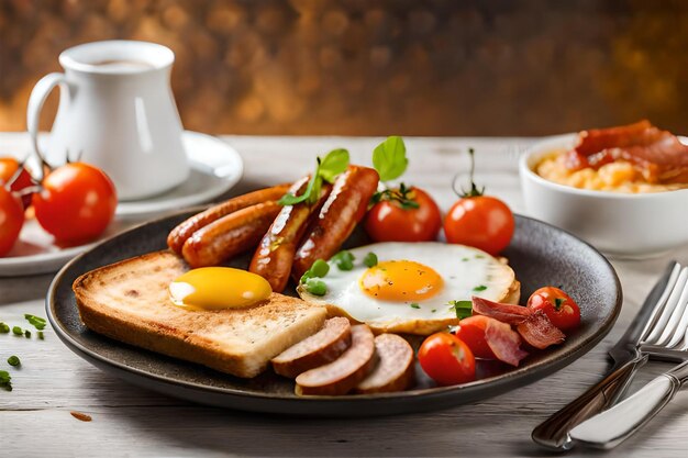 desayuno con una taza de café y un plato de salchichas