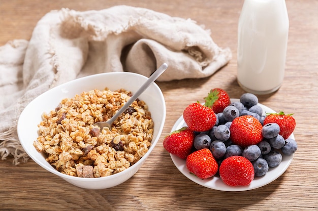 Desayuno con tazón de granola, bayas frescas y botella de leche.