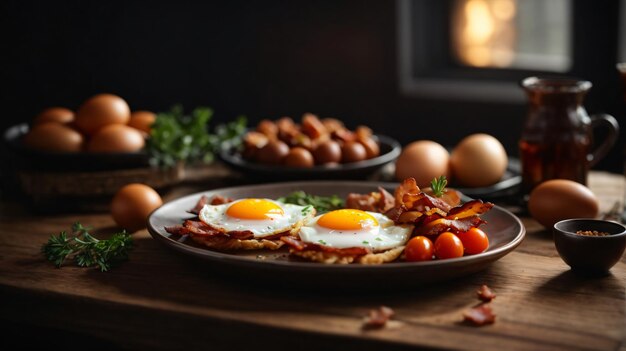 desayuno de tocino y huevo en una mesa de madera