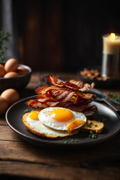 desayuno de tocino y huevo en una mesa de madera